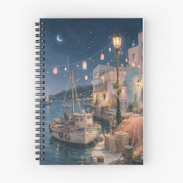 Item preview, Artful Mediterranean Wall Art, Vintage Italian Fishing Village Night Harbor Watercolor Print  designed and sold by bosamji.