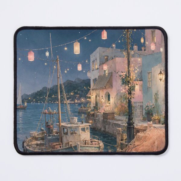 Item preview, Artful Mediterranean Wall Art, Vintage Italian Fishing Village Night Harbor Watercolor Print designed and sold by bosamji.