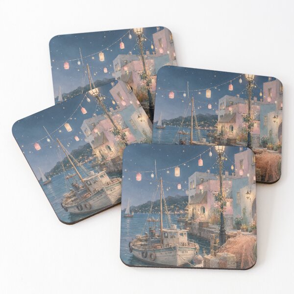 Item preview, Artful Mediterranean Wall Art, Vintage Italian Fishing Village Night Harbor Watercolor Print  designed and sold by bosamji.