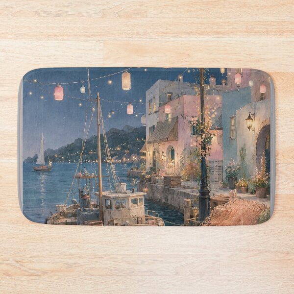Item preview, Artful Mediterranean Wall Art, Vintage Italian Fishing Village Night Harbor Watercolor Print  designed and sold by bosamji.