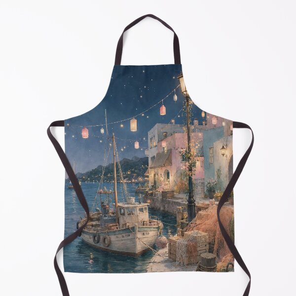 Item preview, Artful Mediterranean Wall Art, Vintage Italian Fishing Village Night Harbor Watercolor Print  designed and sold by bosamji.