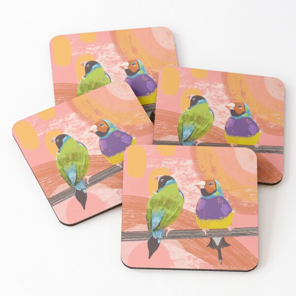 Item preview, Two Gouldian Finches with abstract background in warm colours designed and sold by bee-denham-art.