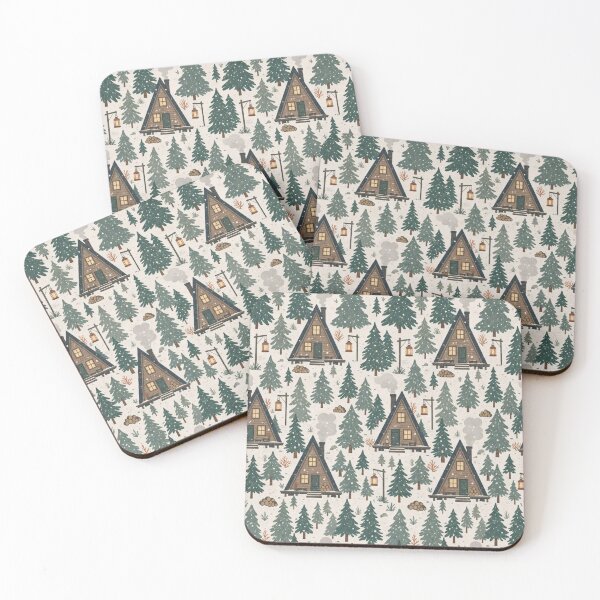 Item preview, Hygge Woodland Cabins with Pine Trees and Woodsmoke in Muted Forest Green designed and sold by StickyGuys.