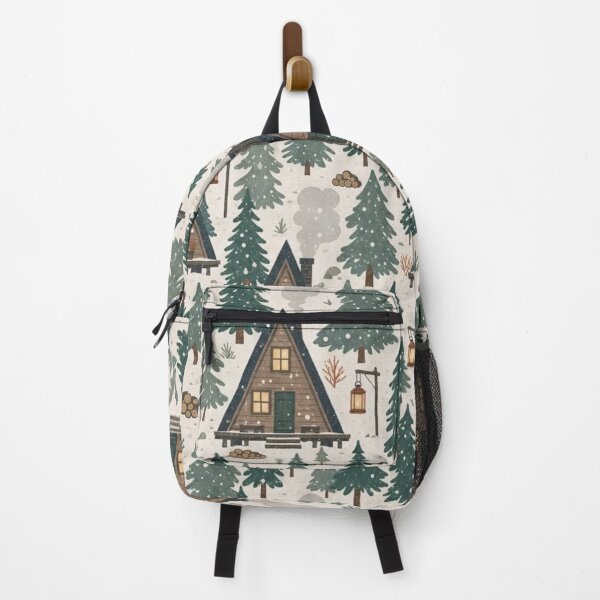 Item preview, Hygge Woodland Cabins with Pine Trees and Woodsmoke in Muted Forest Green designed and sold by StickyGuys.