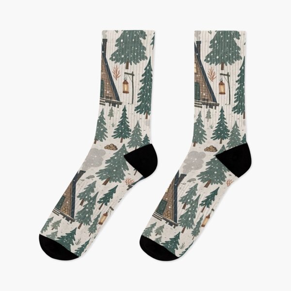Item preview, Hygge Woodland Cabins with Pine Trees and Woodsmoke in Muted Forest Green designed and sold by StickyGuys.