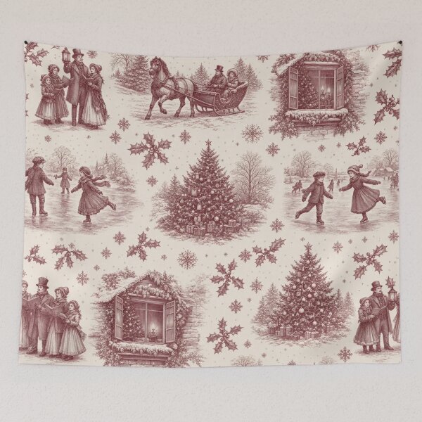 Item preview, Victorian Christmas Toile with Carol Singers Sleighs and Holly in Cranberry designed and sold by StickyGuys.