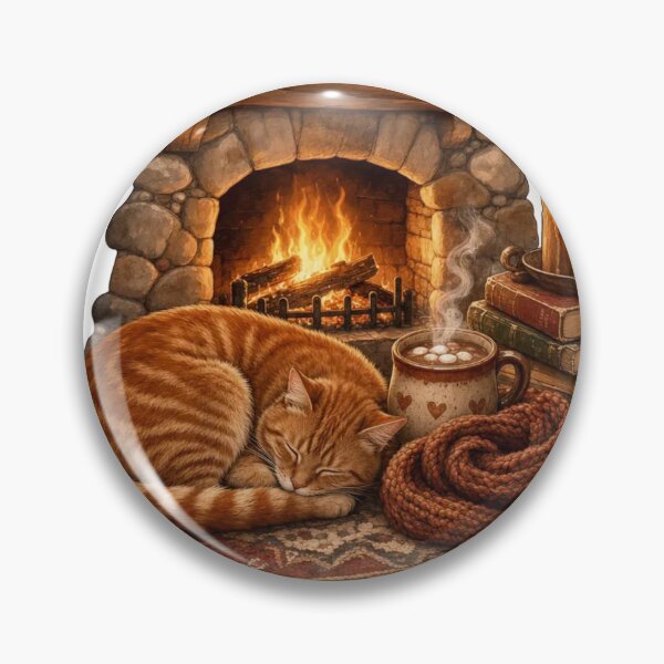 Item preview, Cozy Cat Curled by a Winter Fireplace with Hot Cocoa and Wool Scarf designed and sold by StickyGuys.