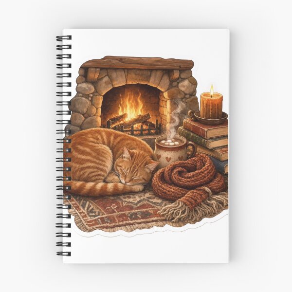 Item preview, Cozy Cat Curled by a Winter Fireplace with Hot Cocoa and Wool Scarf designed and sold by StickyGuys.