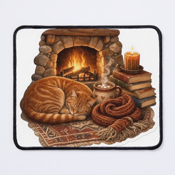 Item preview, Cozy Cat Curled by a Winter Fireplace with Hot Cocoa and Wool Scarf designed and sold by StickyGuys.