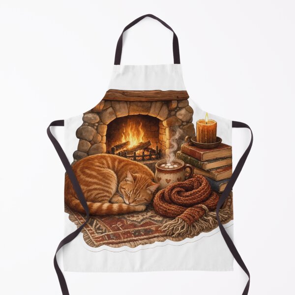 Item preview, Cozy Cat Curled by a Winter Fireplace with Hot Cocoa and Wool Scarf designed and sold by StickyGuys.