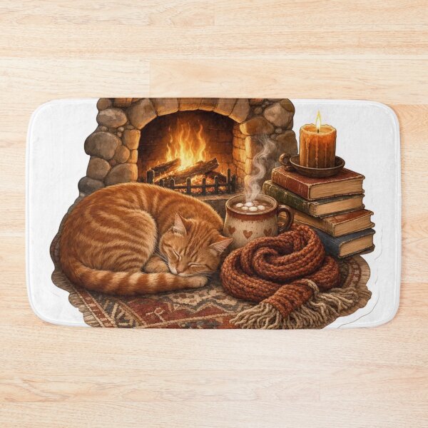 Item preview, Cozy Cat Curled by a Winter Fireplace with Hot Cocoa and Wool Scarf designed and sold by StickyGuys.