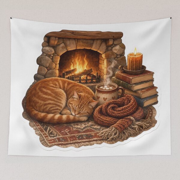 Item preview, Cozy Cat Curled by a Winter Fireplace with Hot Cocoa and Wool Scarf designed and sold by StickyGuys.