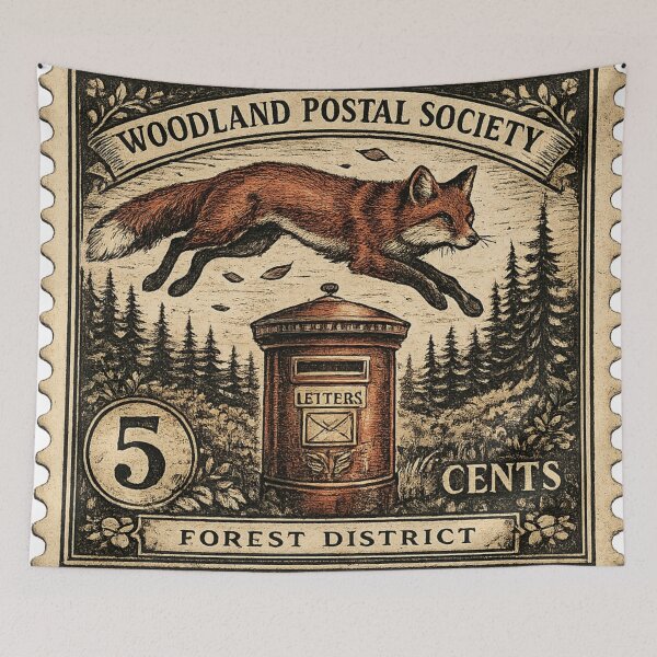 Item preview, Vintage Woodland Postal Society Fox Stamp designed and sold by Mosslume Studio.
