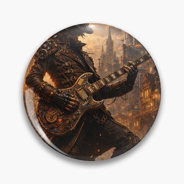 Item preview, Steampunk Guitarist in Clockwork City – Dark Rock Music Fantasy Print designed and sold by Kaleidoscope Print.