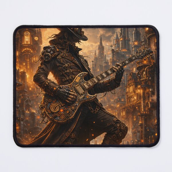 Item preview, Steampunk Guitarist in Clockwork City – Dark Rock Music Fantasy Print designed and sold by Kaleidoscope Print.