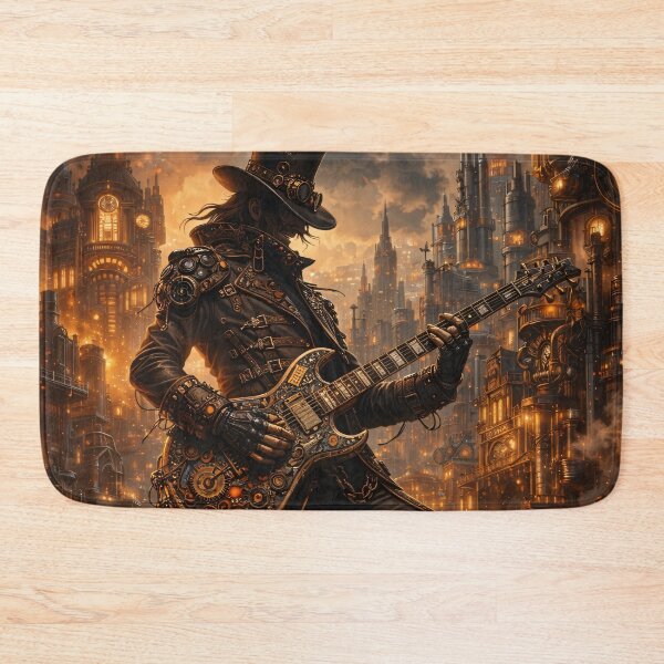 Item preview, Steampunk Guitarist in Clockwork City – Dark Rock Music Fantasy Print designed and sold by Kaleidoscope Print.