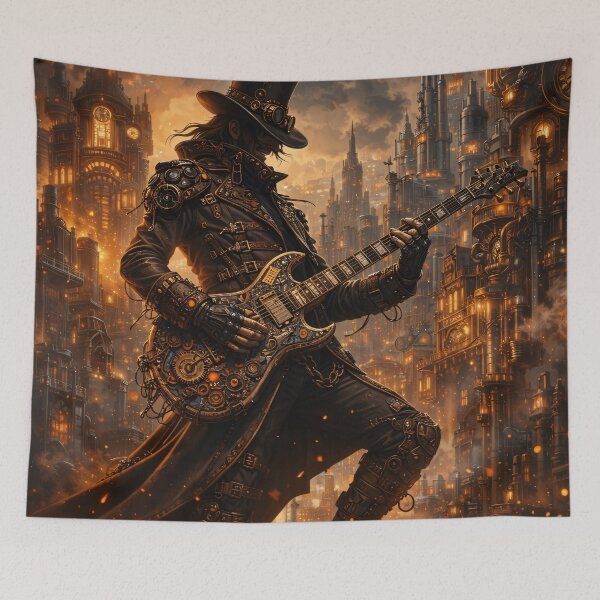 Item preview, Steampunk Guitarist in Clockwork City – Dark Rock Music Fantasy Print designed and sold by Kaleidoscope Print.