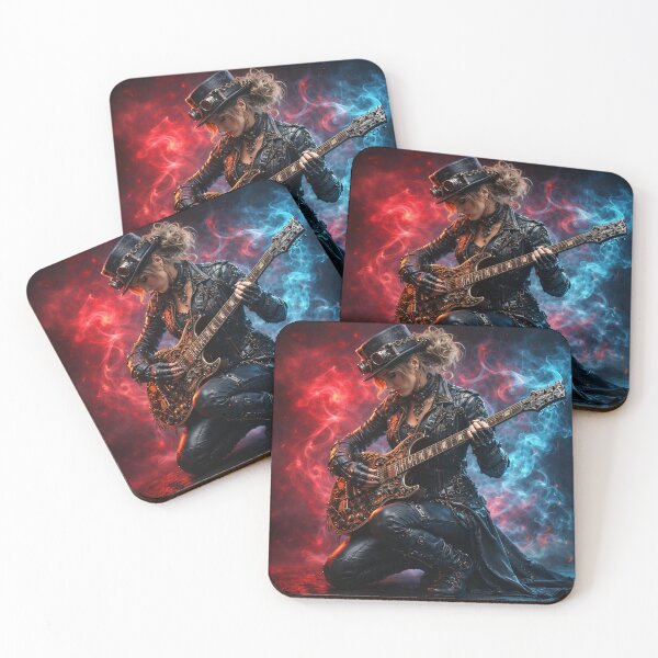 Artikelvorschau, Steampunk-Gitarristin – Roter und blauer Rauch – Rockmusik-Fantasy-Druck entworfen und verkauft von Kaleidoscope Print.