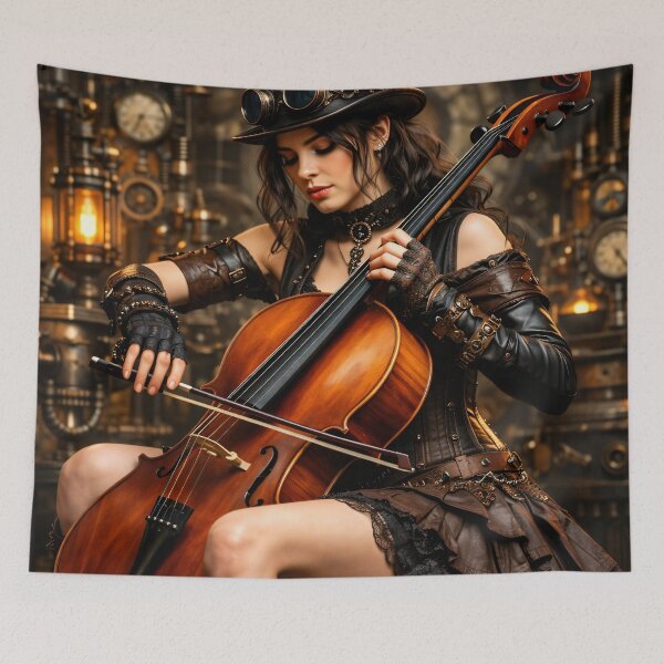 Item preview, Steampunk Female Cellist – Victorian Gothic Cello Music Fantasy Print designed and sold by Kaleidoscope Print.