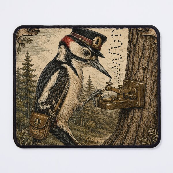 Item preview, Woodland Telegraph Woodpecker Vintage Poster designed and sold by Mosslume Studio.
