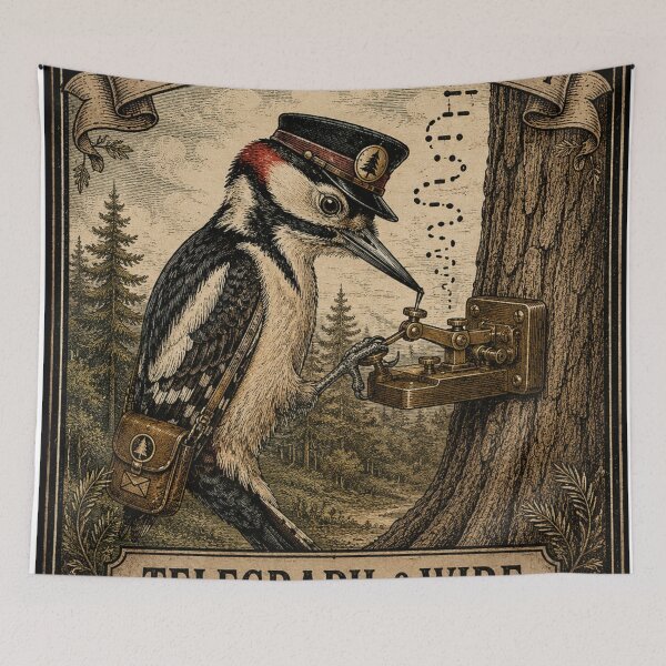 Item preview, Woodland Telegraph Woodpecker Vintage Poster designed and sold by Mosslume Studio.