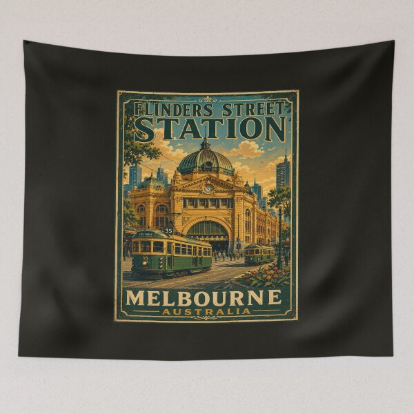 Item preview, Flinders Street Station Melbourne Australia Vintage Travel Poster | WPA Retro Railway Landmark designed and sold by Globalcitytees.