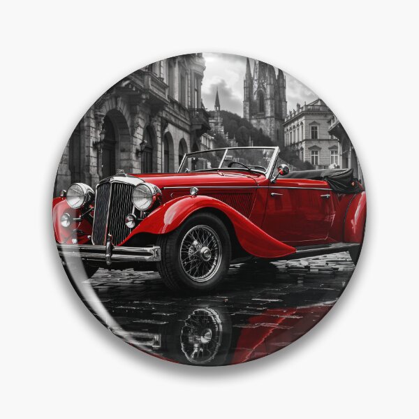 Item preview, Red Vintage Roadster in Gothic City – Classic Car Black and White Art Print designed and sold by Kaleidoscope Print.
