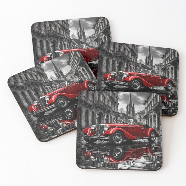 Item preview, Red Vintage Roadster in Gothic City – Classic Car Black and White Art Print designed and sold by Kaleidoscope Print.
