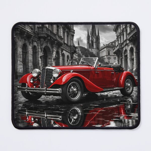 Item preview, Red Vintage Roadster in Gothic City – Classic Car Black and White Art Print designed and sold by Kaleidoscope Print.