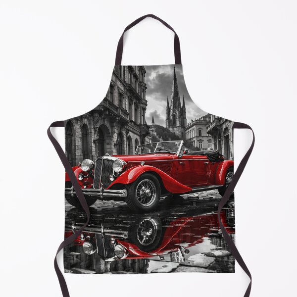 Item preview, Red Vintage Roadster in Gothic City – Classic Car Black and White Art Print designed and sold by Kaleidoscope Print.
