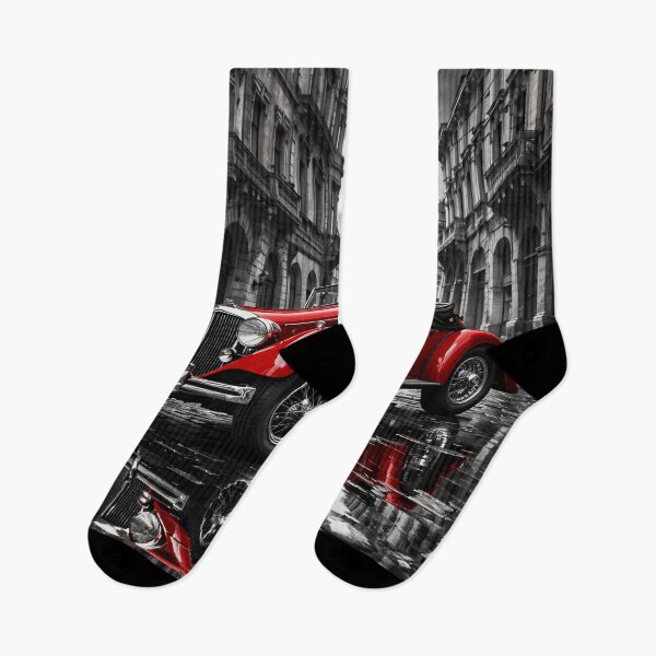 Item preview, Red Vintage Roadster in Gothic City – Classic Car Black and White Art Print designed and sold by Kaleidoscope Print.
