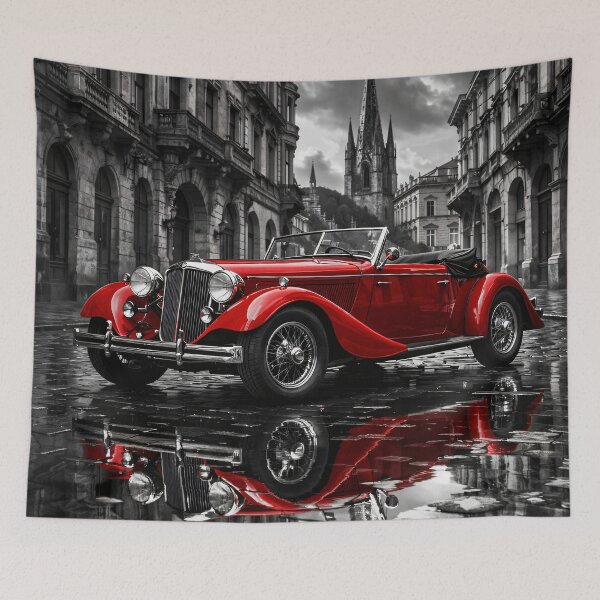 Item preview, Red Vintage Roadster in Gothic City – Classic Car Black and White Art Print designed and sold by Kaleidoscope Print.