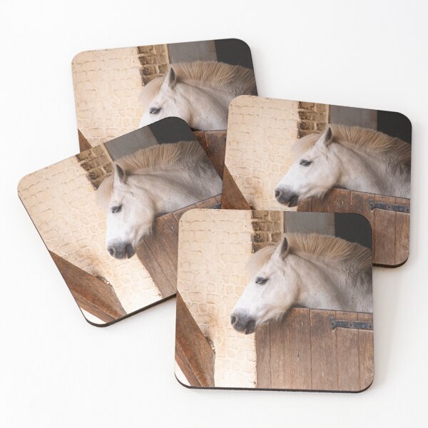 Item preview, White Horse Resting In Rustic Stable Stall With Wooden Door And Brick Wall Background designed and sold by FotoMahieu.