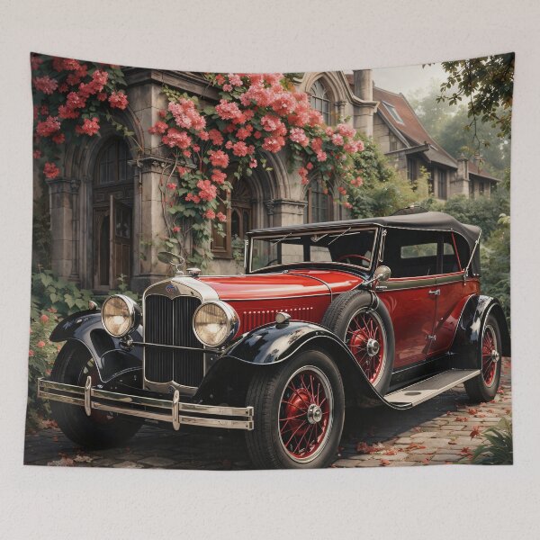 Item preview, Red Vintage Classic Car at Romantic Manor – Elegant Retro Automobile Print designed and sold by Kaleidoscope Print.