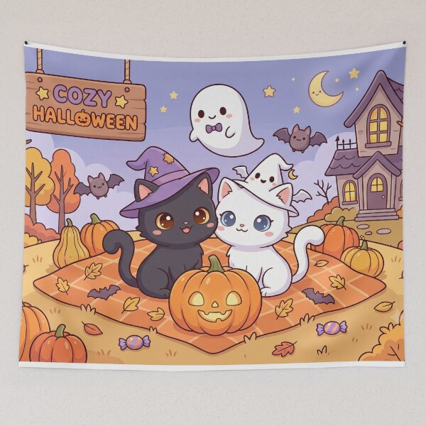 Item preview, black cat and white cat cozy and spooky Halloween designed and sold by Softie Sticker Studio.