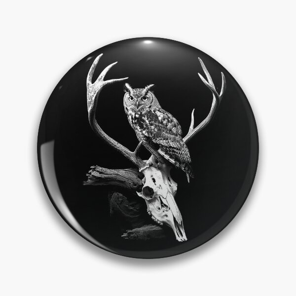 Item preview, Horned Owl Perched on Deer Skull Gothic Wildlife Art designed and sold by inkoutninja.