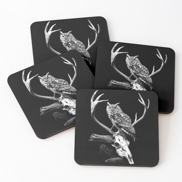 Item preview, Horned Owl Perched on Deer Skull Gothic Wildlife Art designed and sold by inkoutninja.