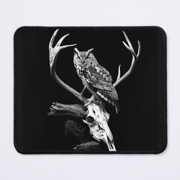 Item preview, Horned Owl Perched on Deer Skull Gothic Wildlife Art designed and sold by inkoutninja.