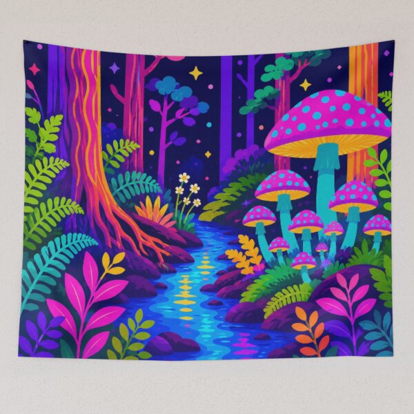 Item preview, Neon Enchanted Mushroom Forest | Vibrant Psychedelic Woodland Stream | Colorful Fantasy Nature Pop Art designed and sold by Nexus Space.