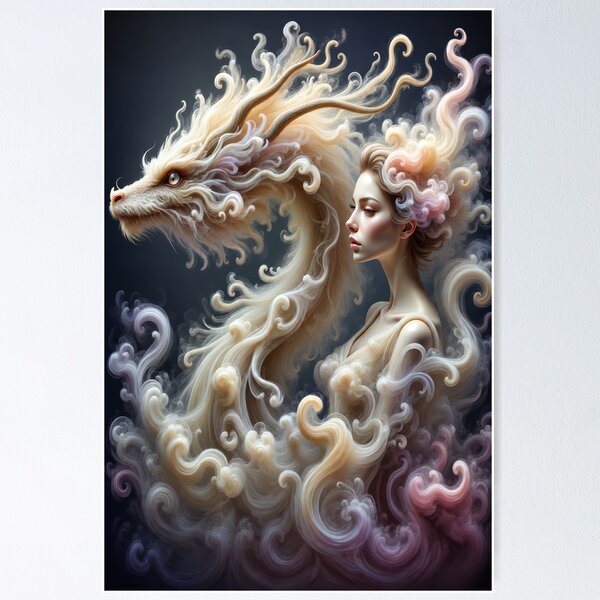 Item preview, Ethereal Dragon and Mystic Woman – Dreamlike Fantasy Spirit Companion Design designed and sold by DrakariArt.