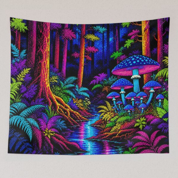 Item preview, Neon Enchanted Mushroom Forest | Vibrant Psychedelic Woodland Stream | Colorful Fantasy Nature Pop Art designed and sold by Nexus Space.