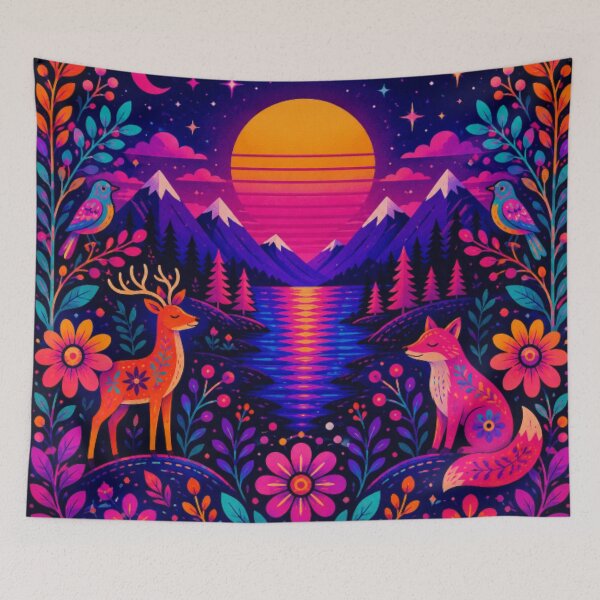 Item preview, Neon Woodland Dreamscape | Psychedelic Deer & Fox Fantasy Landscape | Vibrant Pop Art Nature designed and sold by Nexus Space.