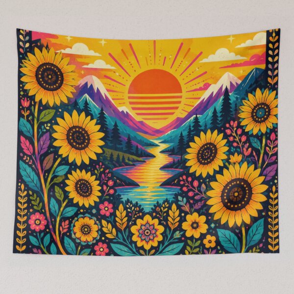 Item preview, Sunflower Mountain Sunset | Vibrant Folk Art Landscape | Retro Nature Illustration designed and sold by Nexus Space.