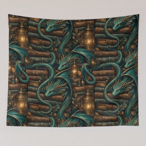 Item preview, Cute Cozy Book Dragon Reading Nook Dark Academia Seamless Pattern Deep Teal designed and sold by StickyGuys.