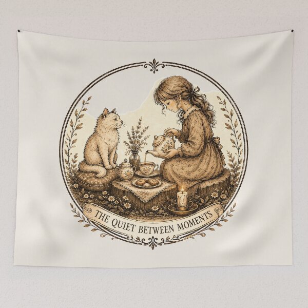 Item preview, The Quiet Between Moments - Cat & Tea Illustration designed and sold by thirtyonestars.