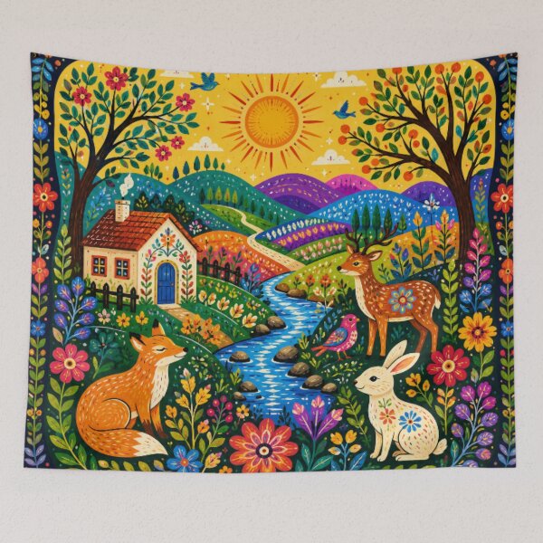 Item preview, Sunflower Mountain Sunset | Vibrant Folk Art Landscape | Retro Nature Illustration designed and sold by Nexus Space.