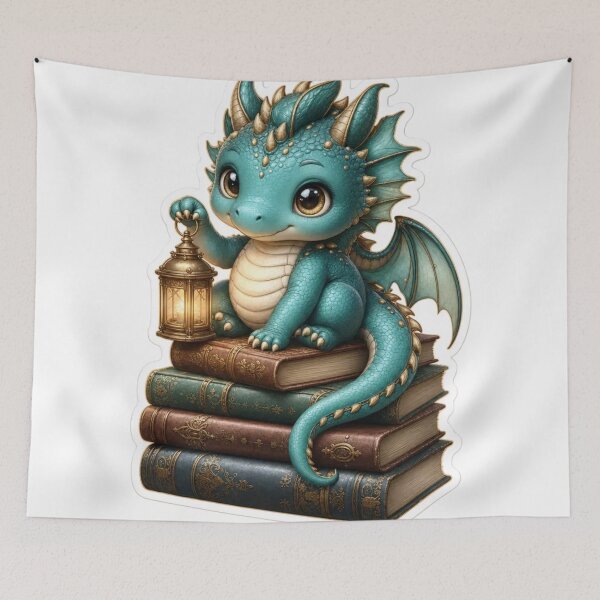 Item preview, Cute Chibi Book Dragon Perched On Antique Volumes Deep Teal designed and sold by StickyGuys.