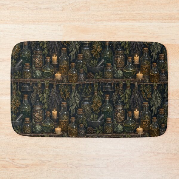 Item preview, Witchy Apothecary Vials And Dried Herbs Seamless Pattern Forest Green designed and sold by StickyGuys.