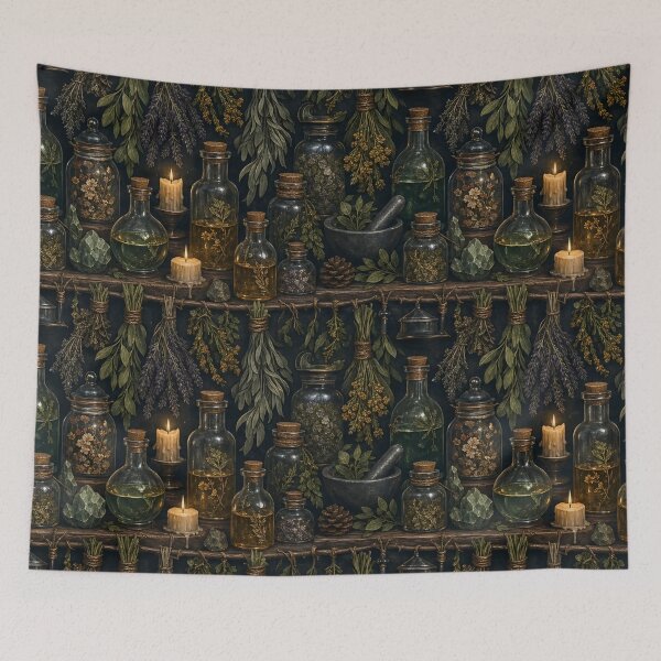 Item preview, Witchy Apothecary Vials And Dried Herbs Seamless Pattern Forest Green designed and sold by StickyGuys.