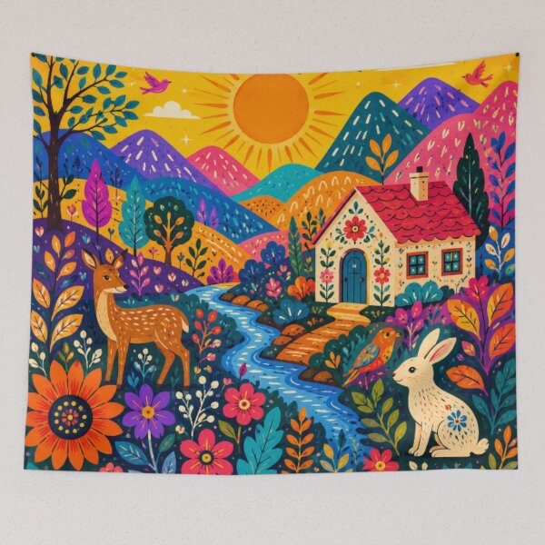 Item preview, Whimsical Folk Art Woodland Cottage – Colorful Deer, Bunny & Wildflower Landscape Illustration designed and sold by Nexus Space.